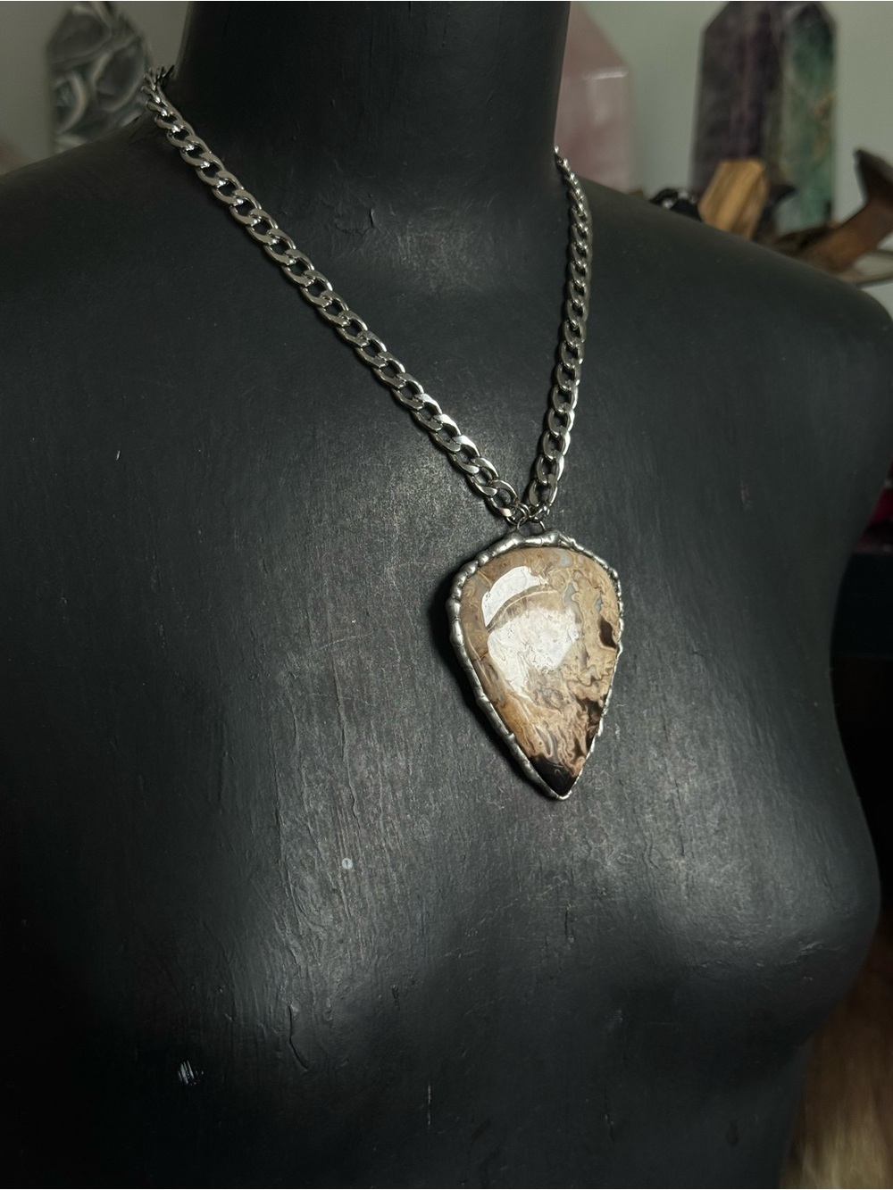 Fossilized palm root crystal Teardrop Pendant necklace statement Jewelry goth
